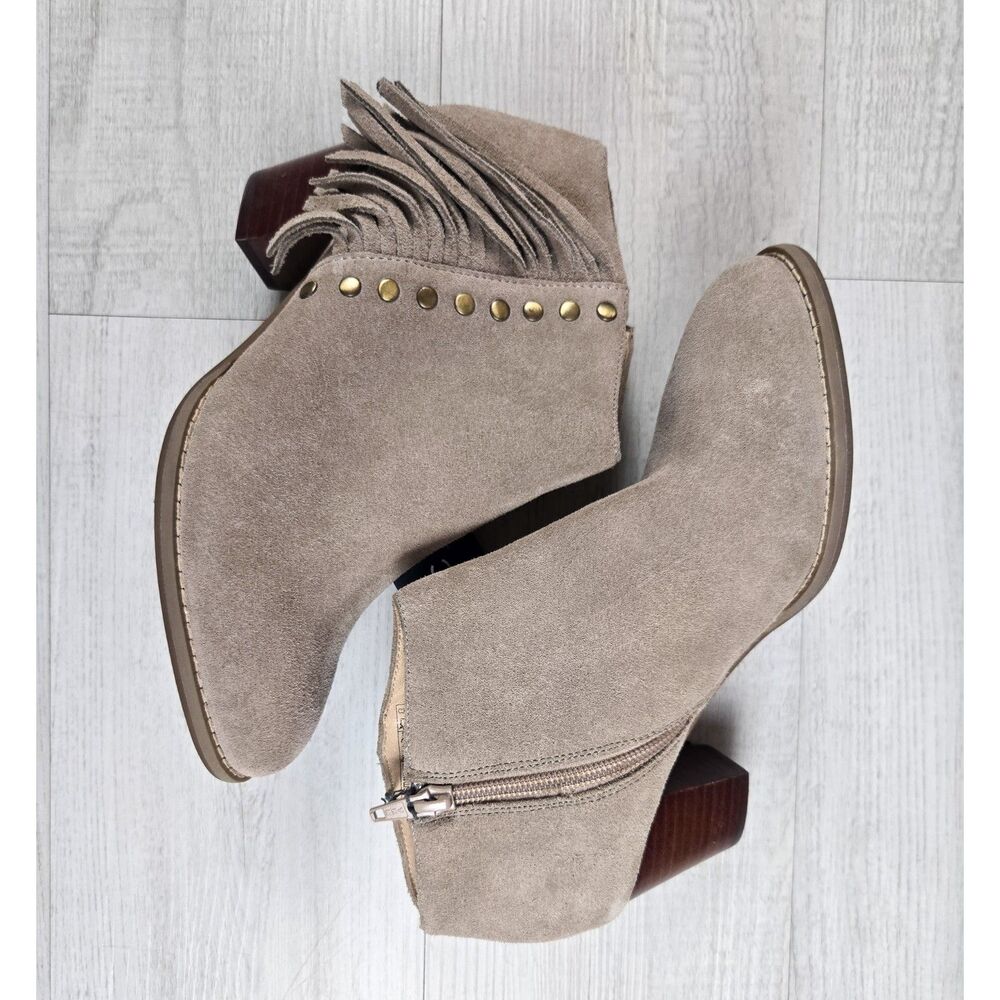 Vionic Faros Suede Fringe Ankle Booties Taupe Studded Boho Boots NWT Size 6